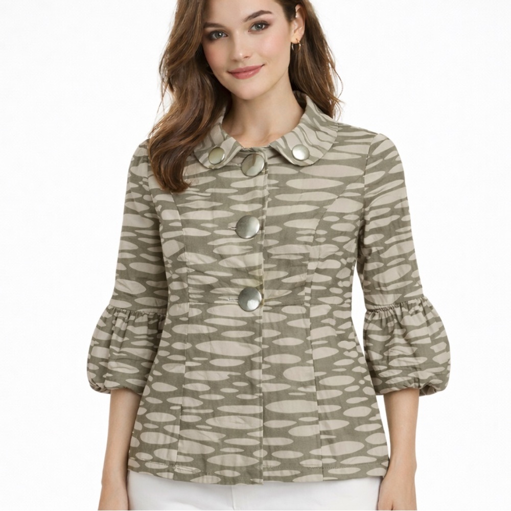 Mac & Jac women’s Jacket Retro Style Olive Beige Big Buttons pockets Crepe